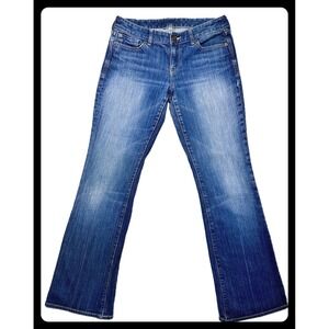 Express Bootcut Jeans Blue Medium Wash Stretch Denim Button Logo Women